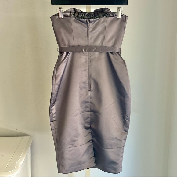 BCBGMazAzria Green Gray Strapless Satin Pleat Tie Waist Fitted Dress, Size 0 - Picture 3 of 8